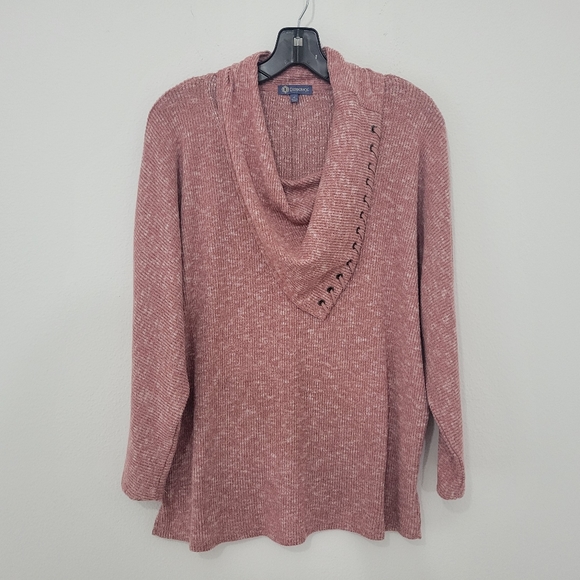 Democracy Tops - Democracy Ribbed 3/4 Sleeve Drape Cowl Laced Trim Top